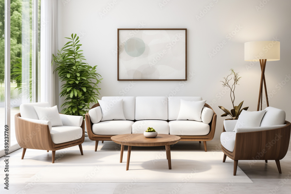 Living room with a modern design and framed artwork Living room with a modern design and framed artwork