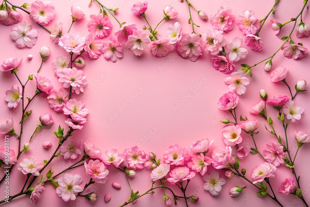 Fototapeta premium A frame made of pink flowers on a pink background