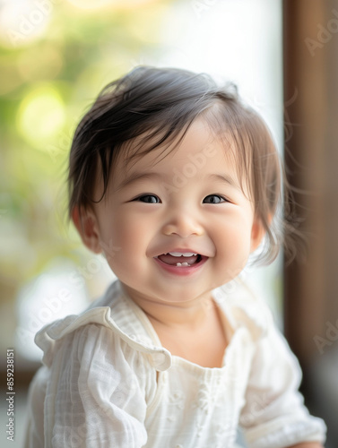 smiling asian baby, in the style of depth of field, soft-focus, in the style of joyful celebration of nature, macro zoom, in the style of high-key lighting, clean-lined, emotive faces 