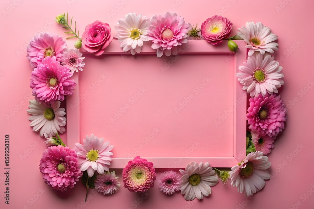A frame made of pink flowers on a pink background