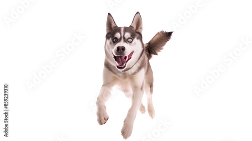 Full body shot of Siberian Husky dog, running happily, smiling.