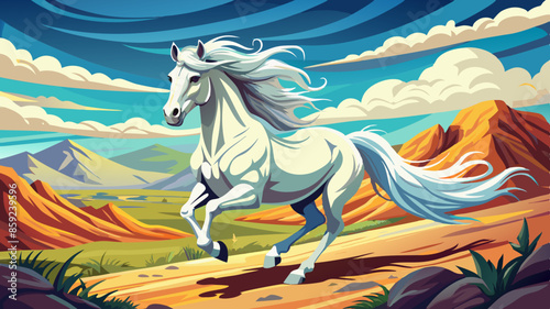 A white stallion with a flowing mane galloping across a plain