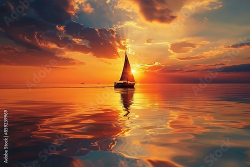 A sailboat floating in the middle of the ocean during sunset, great for use in travel or adventure related content photo