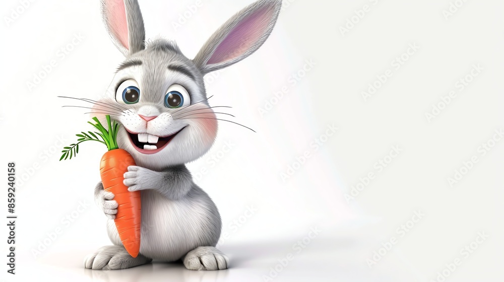 Fototapeta premium A cute cartoon bunny is holding a carrot.