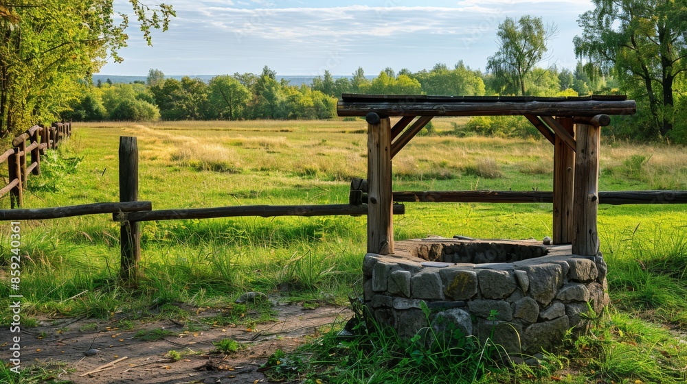 Stone Well With Wooden Frame and Fence in a Rural Meadow Stone Well With Wooden Frame and Fence in a Rural Meadow