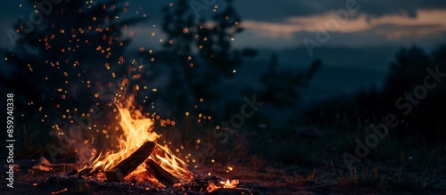 The fire at night, Fire in the woods or forest. Camping trip concept. Cozy fire or bonfire in a natural spot. photo