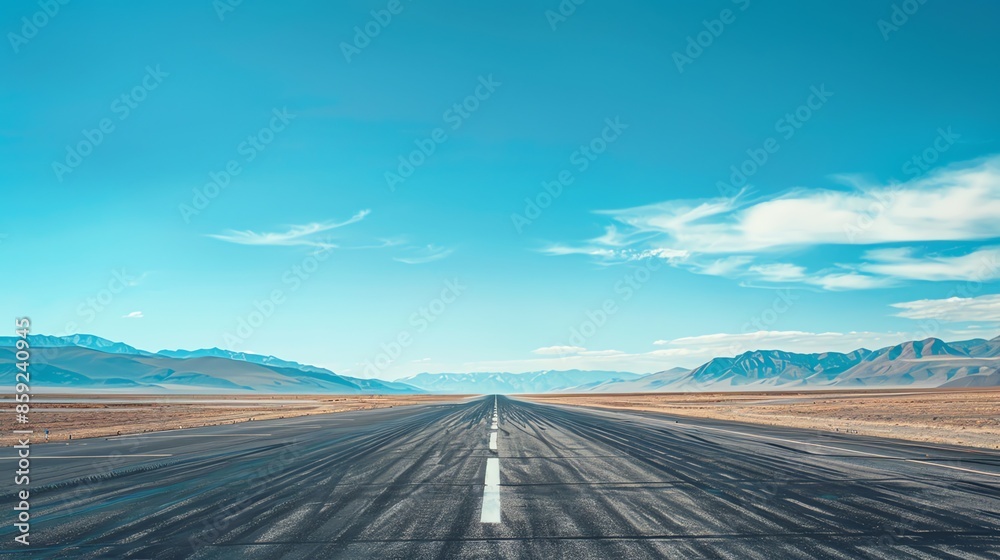 Fototapeta premium A long, straight runway in the desert leads to a mountain range in the distance.