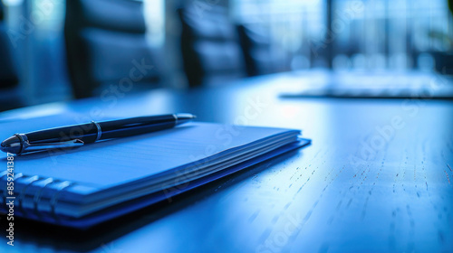 Professional photo of a notepad and pen arranged on a table, emphasizing business readiness in a blue-toned atmosphere. Perfect for conveying preparation and organization before a meeting.