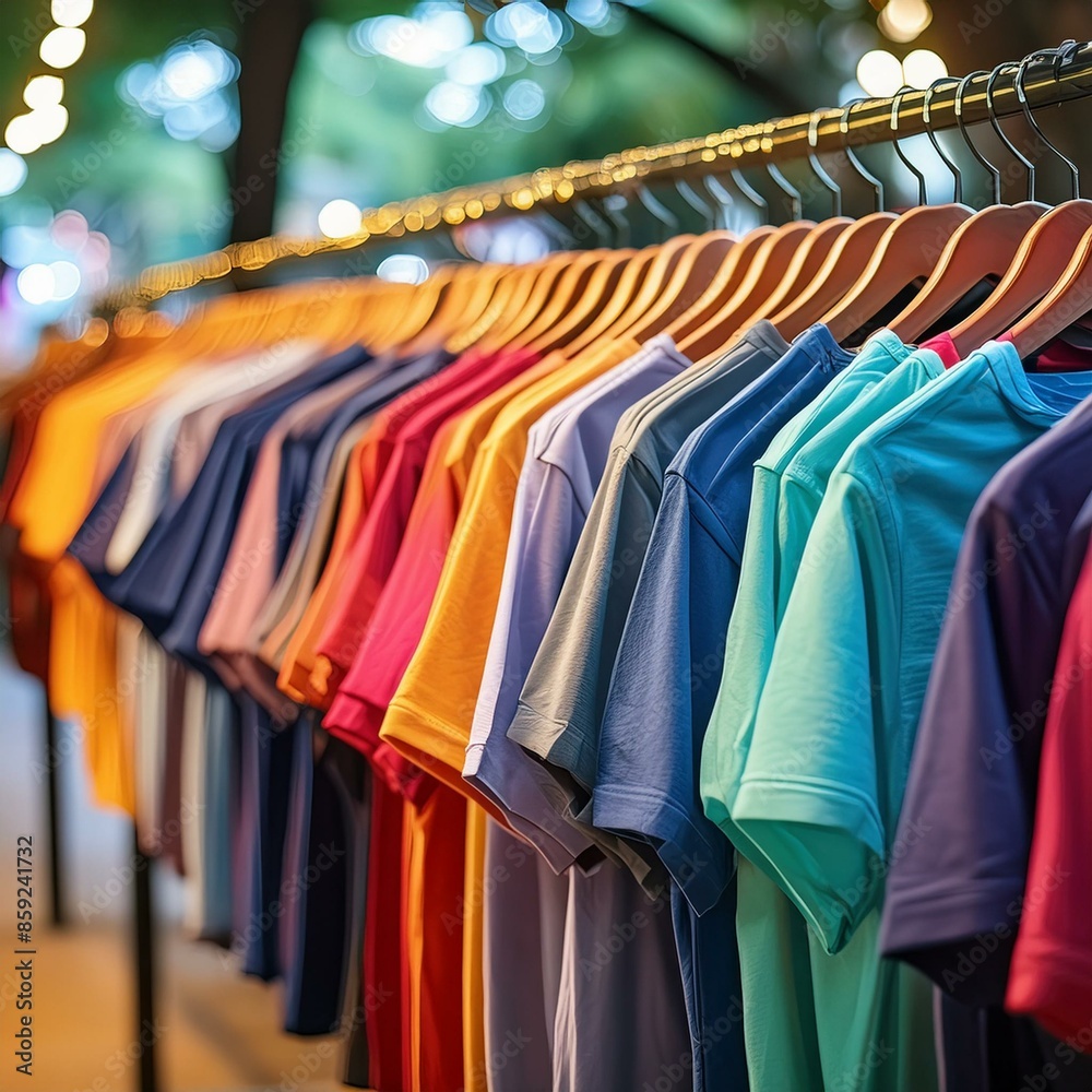  rack of colorful t-shirts