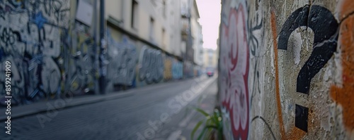 Urban alley with graffiti-covered walls and a blurred background.