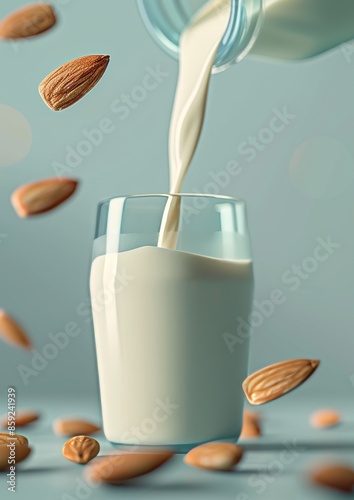 Almond Milk Pouring Into Glass With Almonds in the Air photo