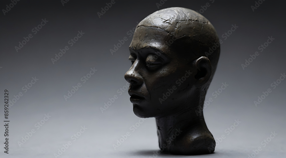 A closeup of Figurine of a head on a dark surface, PTSD concept. 
