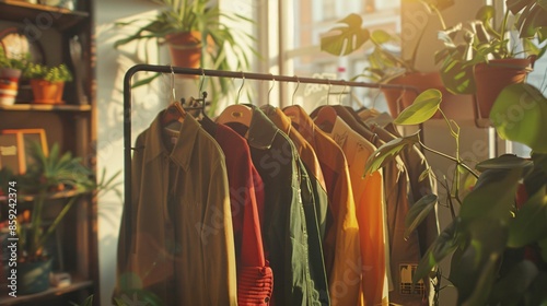 Sustainable fashion concept. Clothes displayed on a rack in a second-hand clothing store. Emphasis on slow fashion. Promoting fashion sustainability. The green fashion revolution.