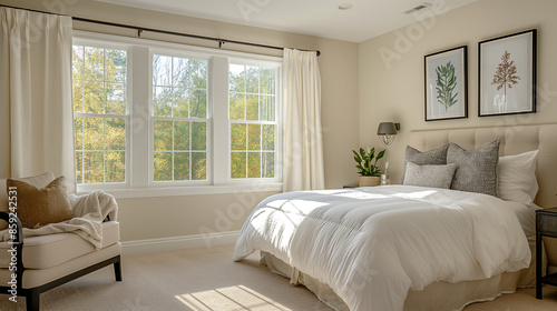 there is a bed with a white comforter and a chair in a room photo