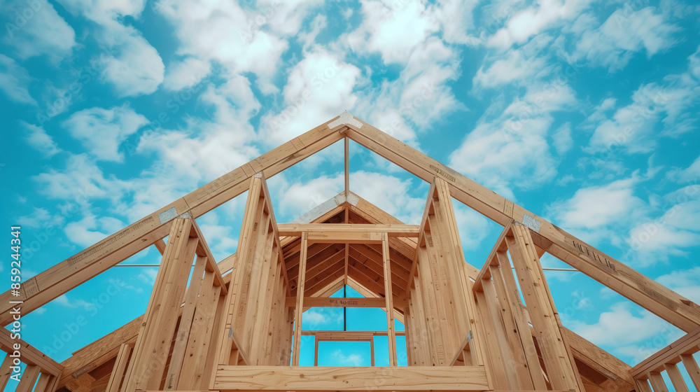 Obraz premium Wooden house frame construction on a blue sky background. Concept of home building and wood working. Created with Generative AI technology.