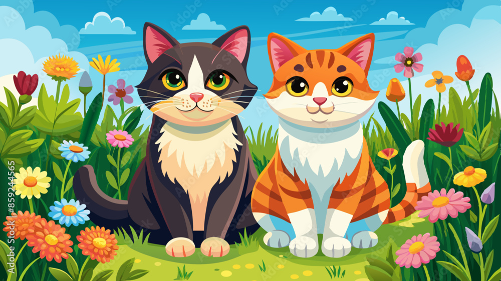 Two cats, a black and white cat and an orange tabby cat, sitting together in a grassy field with flowers Two cats, a black and white cat and an orange tabby cat, sitting together in a grassy field with flowers