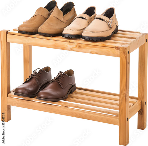 Wooden shoe rack holding various pairs of leather shoes, including brown and beige loafers and dress shoes, isolated on a white background.