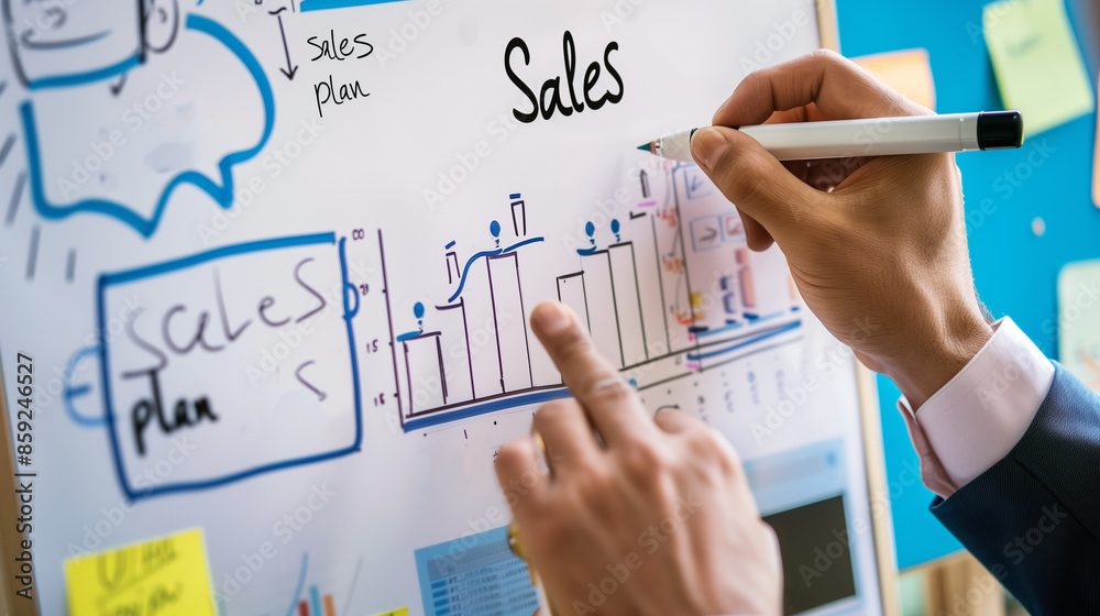 sales graph concept hand drawing on glass writeboard. It says sales plan on the tablet sales graph concept hand drawing on glass writeboard. It says sales plan on the tablet