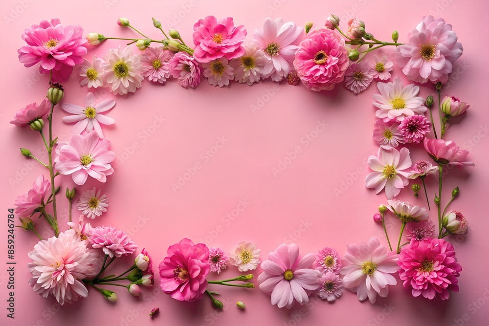 A frame made of pink flowers on a pink background A frame made of pink flowers on a pink background