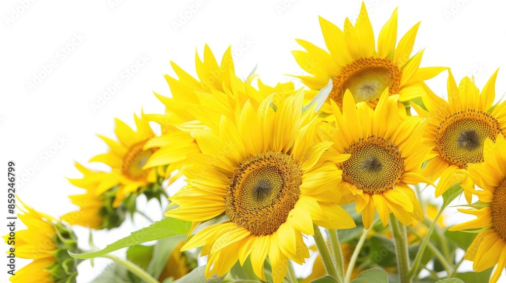 Fototapeta premium Bright sunflowers in full bloom against a clean white background, showcasing their vibrant yellow petals.