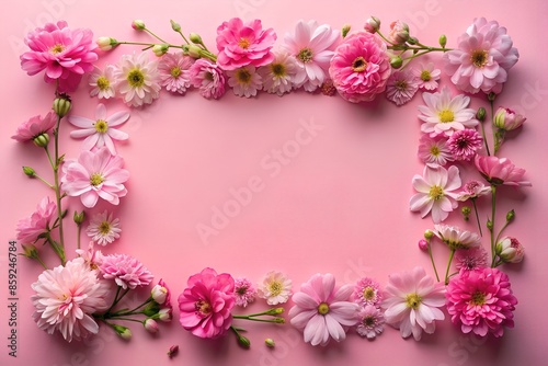 A frame made of pink flowers on a pink background