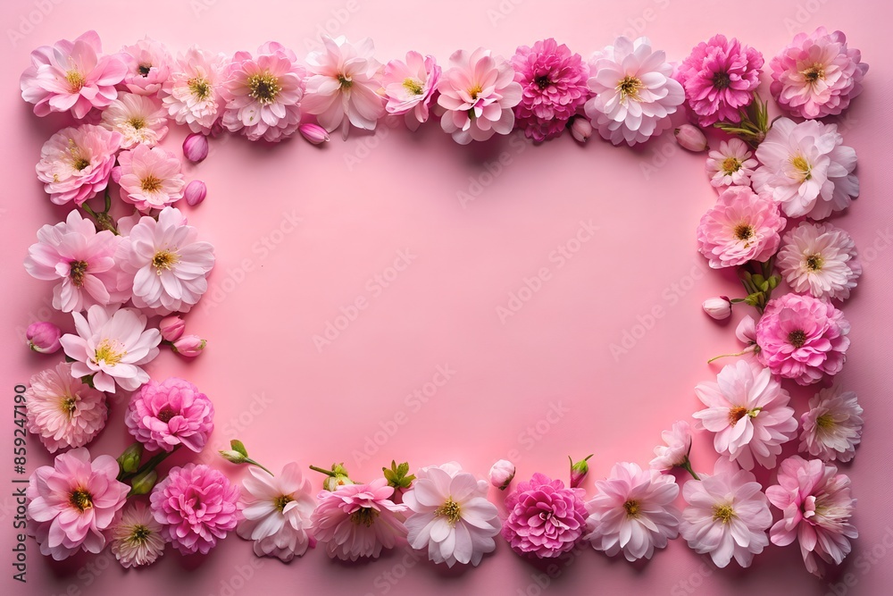 A frame made of pink flowers on a pink background A frame made of pink flowers on a pink background
