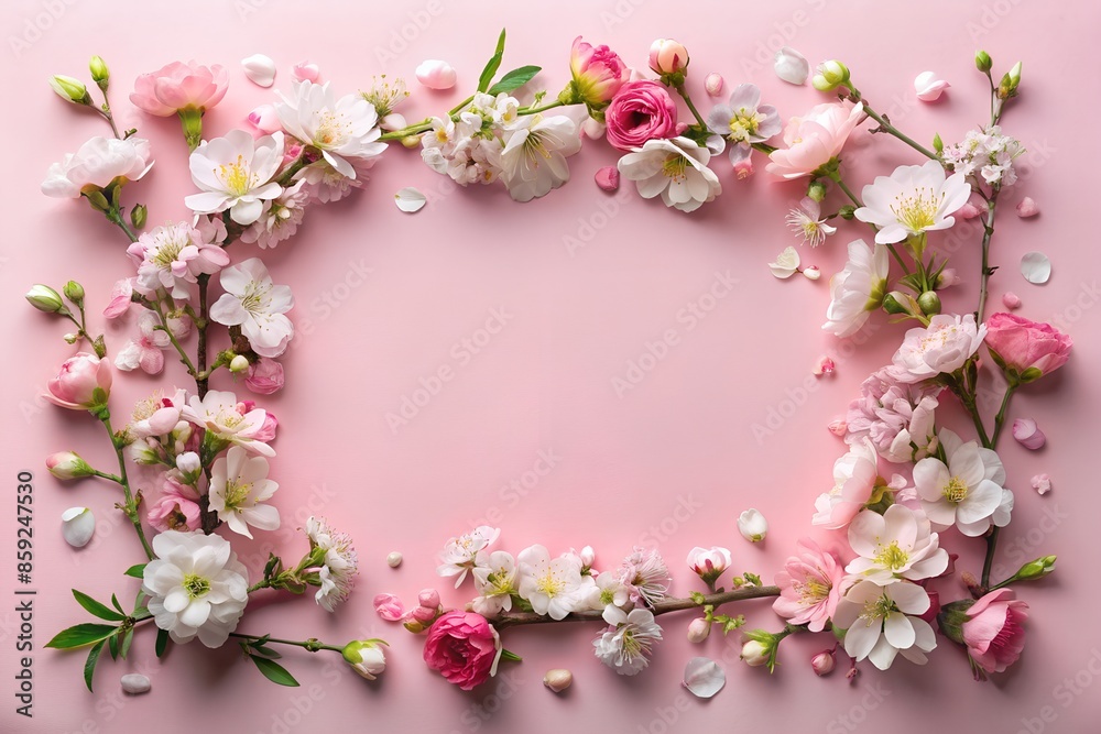 Obraz premium A frame made of pink and white flowers on a pink background
