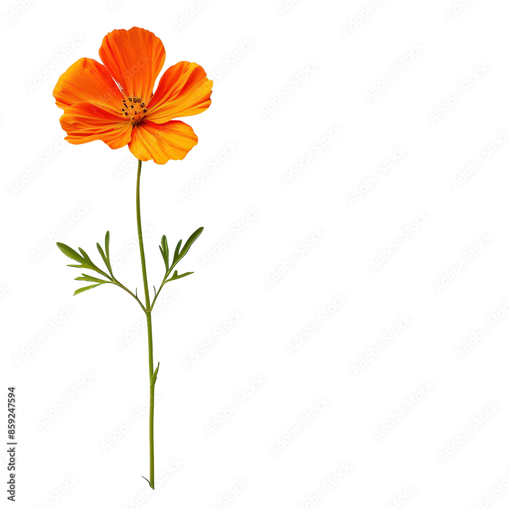 Naklejka premium Vibrant orange flower with delicate petals and green leaves on a simple stem, isolated on a transparent background.