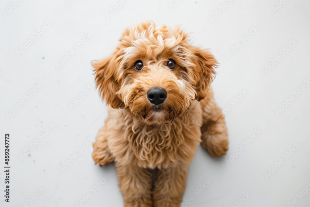 Fototapeta premium a dog sitting on a white surface looking up