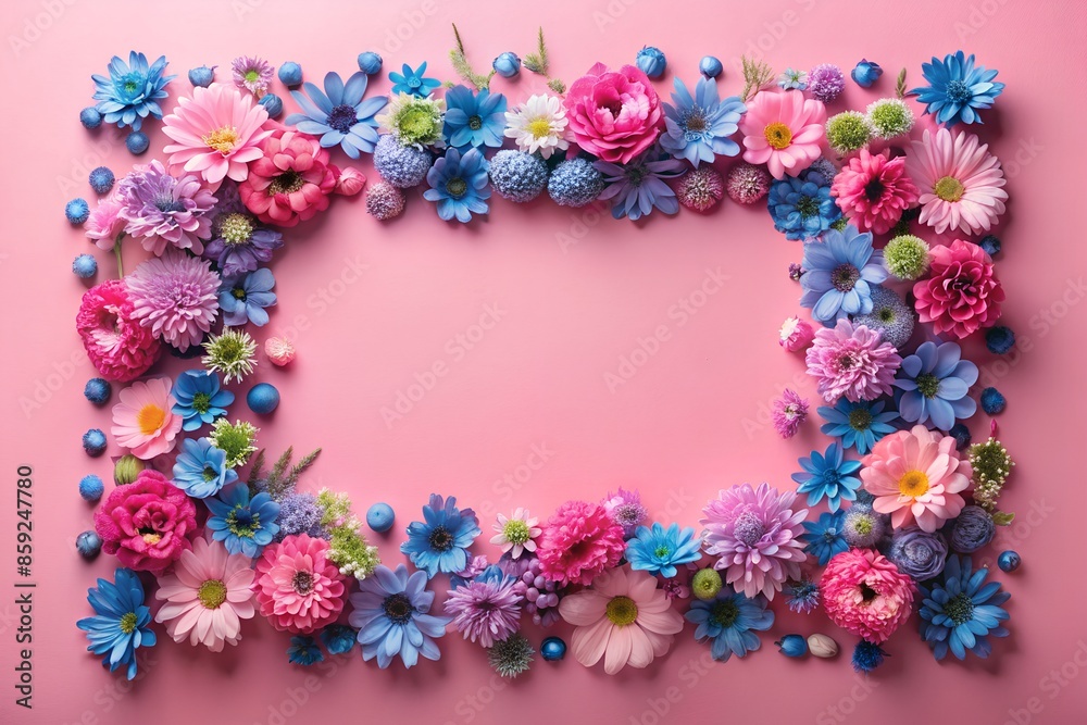 A frame made of pink and blue flowers on a pink background A frame made of pink and blue flowers on a pink background