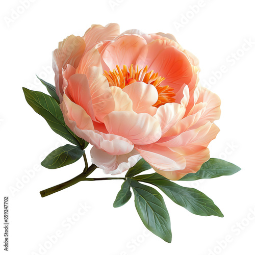 Close-up of a delicate, peach-colored peony flower with green leaves on a white background. Perfect for nature and floral-themed designs.