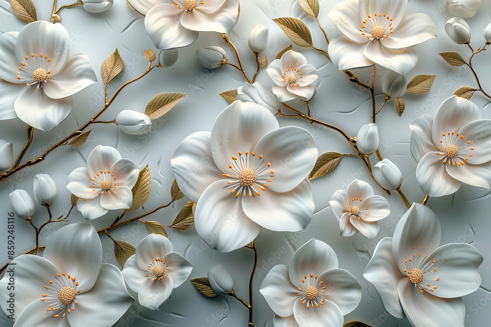 3D mural illustration with a white and blue background, adorned with golden jewelry and flowers. 3D mural illustration with a white and blue background, adorned with golden jewelry and flowers.