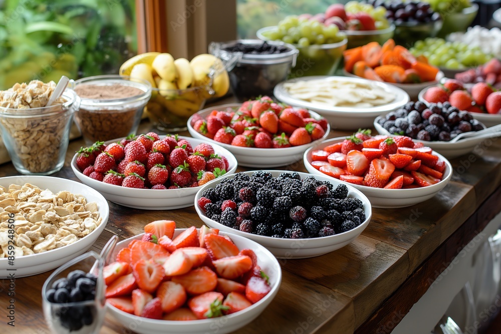 Wooden table piled with bowls of fresh fruit - strawberries, blackberries, grapes - and a bowl of cereal. Wooden table piled with bowls of fresh fruit - strawberries, blackberries, grapes - and a bowl of cereal.
