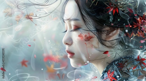 Portrait of a beautiful young asian girl . Cimenatic, sad, dramatic, movie. Beautiful eyes. Anime style. 