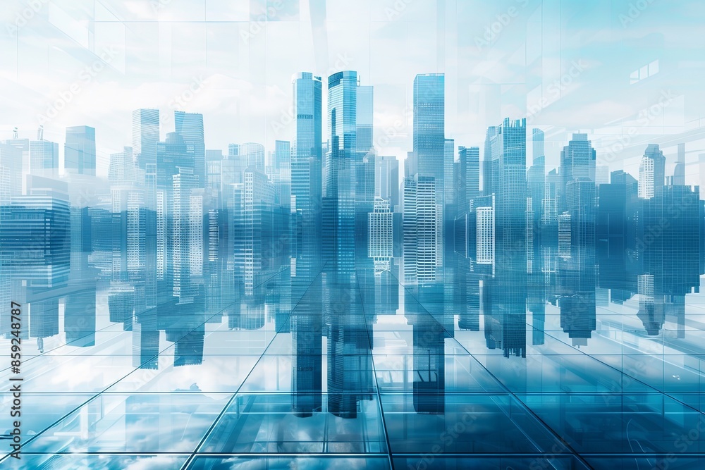 Modern city skyline with skyscrappers and reflection created with Generative AI Modern city skyline with skyscrappers and reflection created with Generative AI
