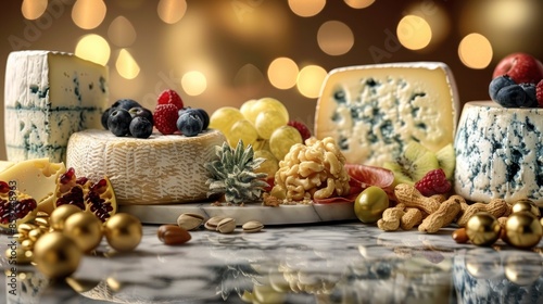 Cheese, fruit, nuts on marble lit by warm lights © vimp