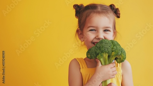  A happy child holding broccoli 