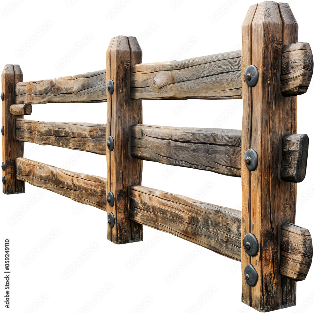 rustic wooden fence with metal brackets - isolated on transparent background, png, di cut, cut out. rustic wooden fence with metal brackets - isolated on transparent background, png, di cut, cut out.