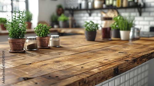 A wooden countertop in a kitchen, with herbs and jars © vimp