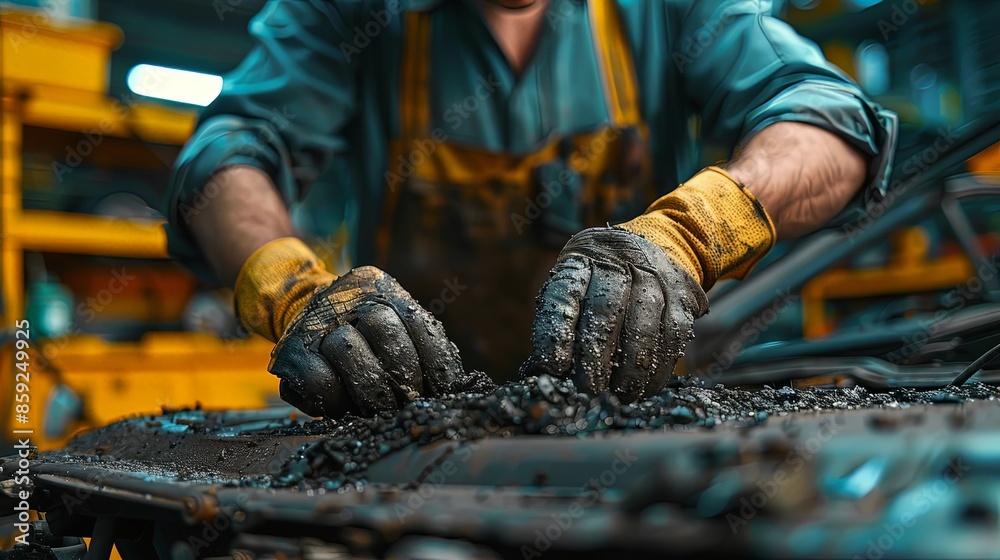 A mechanic works on an engine in a workshop, his hands covered in grease and oil, showing the intricacies and hands-on effort of mechanical repair work. A mechanic works on an engine in a workshop, his hands covered in grease and oil, showing the intricacies and hands-on effort of mechanical repair work.