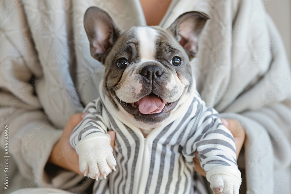 a dog in a sweater being held by a woman a dog in a sweater being held by a woman