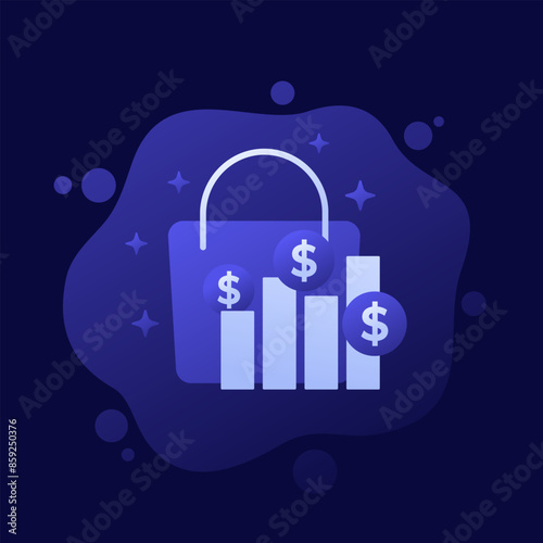 sales graph icon with a shopping bag, vector design