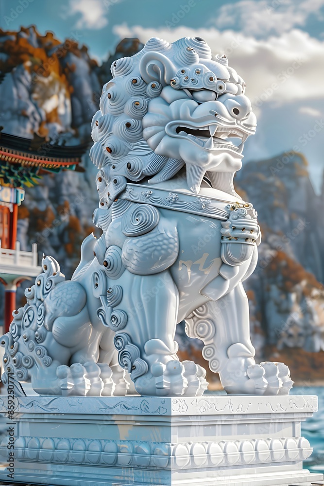 Breathtaking Chinese-themed Travel Advert with Majestic Stone Lion Guardians and Ornate Paper-Cut Window Designs Breathtaking Chinese-themed Travel Advert with Majestic Stone Lion Guardians and Ornate Paper-Cut Window Designs