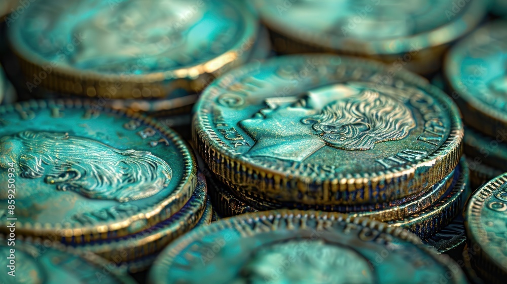 Close-up of stacked teal-colored coins Close-up of stacked teal-colored coins