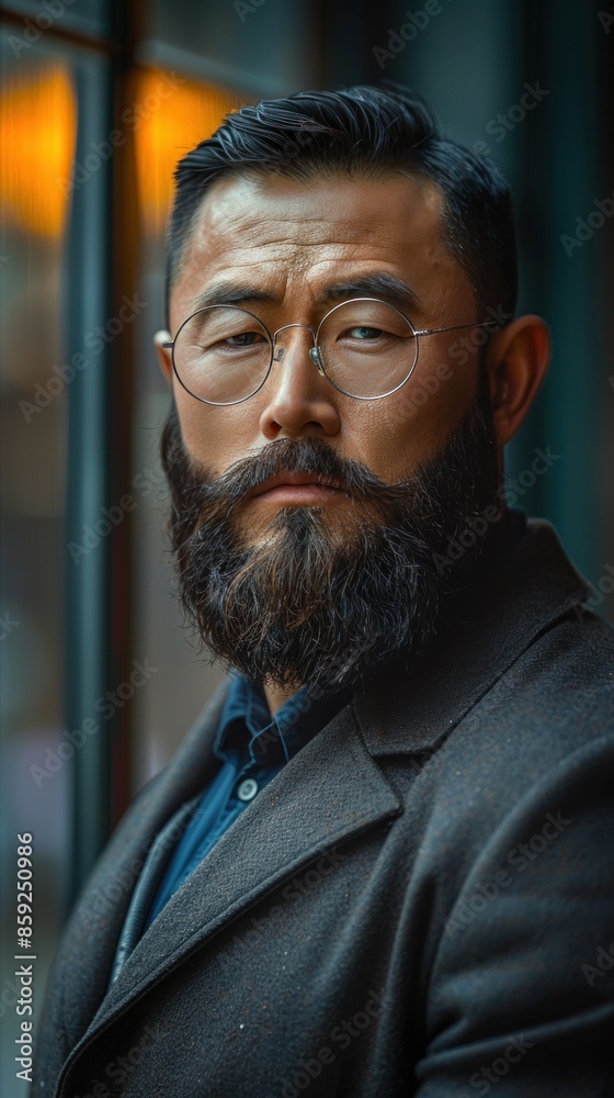 A man with a beard and glasses stares out of a window A man with a beard and glasses stares out of a window