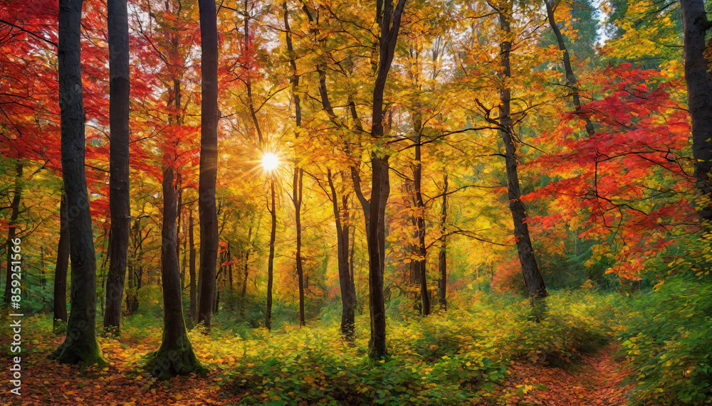 Obraz premium Autumn forest landscape, orange golden foliage, fall wallpaper