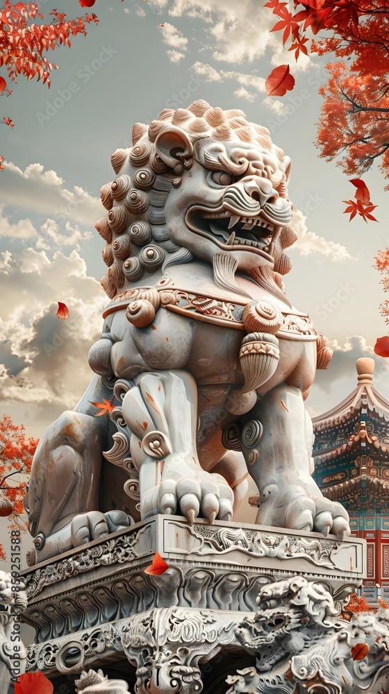 Fototapeta premium Majestic Chinese Lion Guardian Statue in Dreamlike Countryside Setting with Ornate Embroidered Patterns and Vermilion Accents