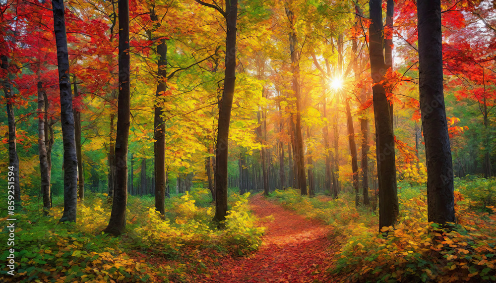 Obraz premium Autumn forest landscape, orange golden foliage, fall wallpaper