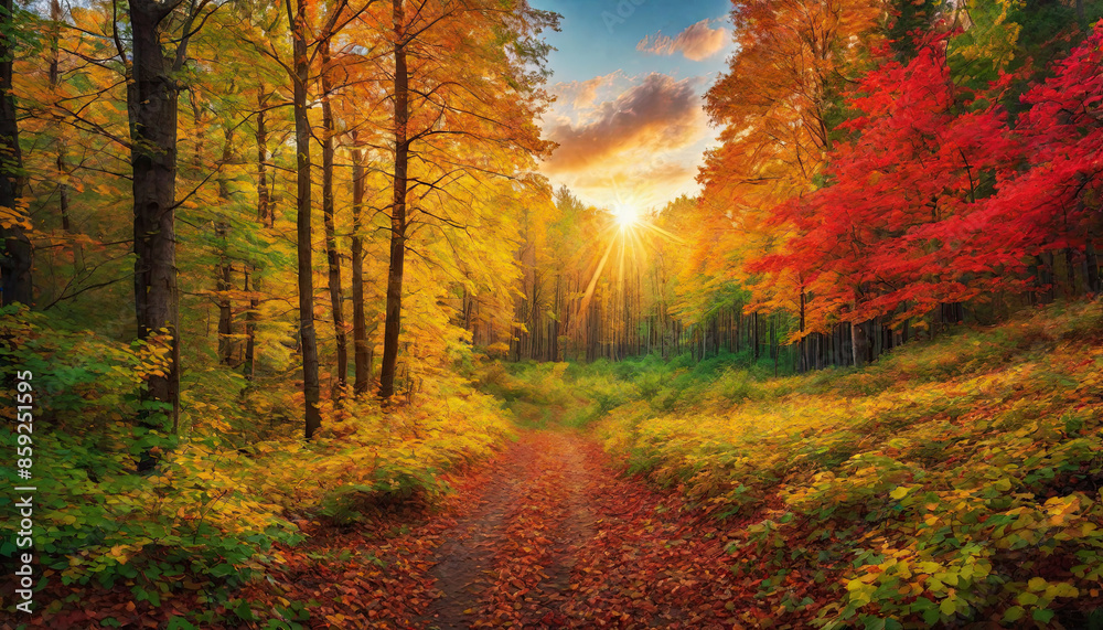 Obraz premium Autumn forest landscape, orange golden foliage, fall wallpaper