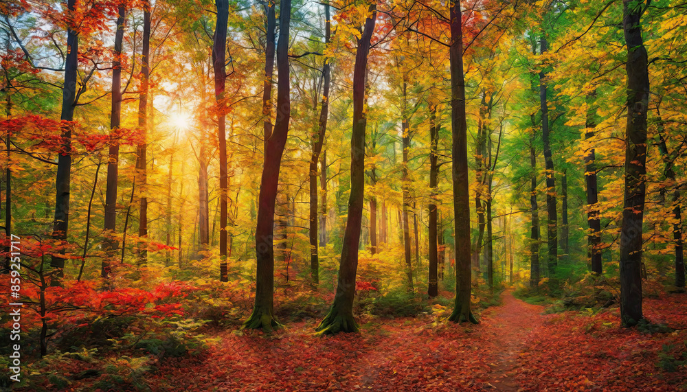 Autumn forest landscape, orange golden foliage, fall wallpaper